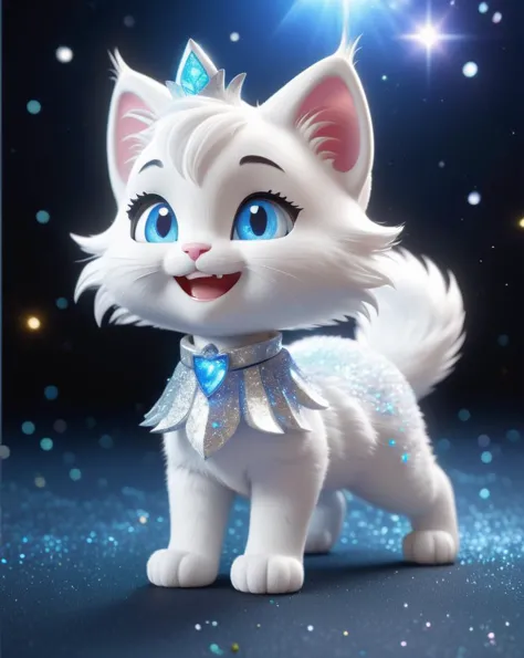 Disney cartoon character, chibi, kind fluffy white cat with shiny silver hair in glitter and blue eyes and smile, hair sprinkled with glitter dust, magic glitter, full length, unreal engine render, 8k