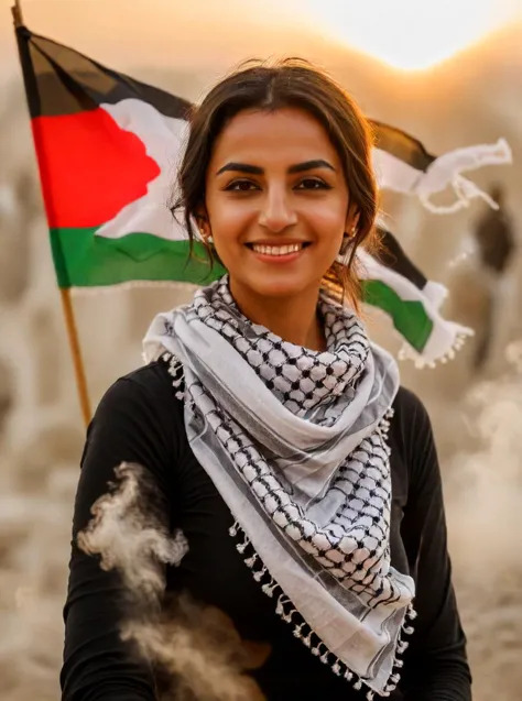 a woman holding a palestinian flag in a desert area