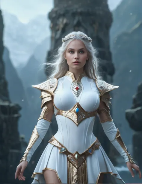 a woman in a white dress and gold armor standing in front of a mountain