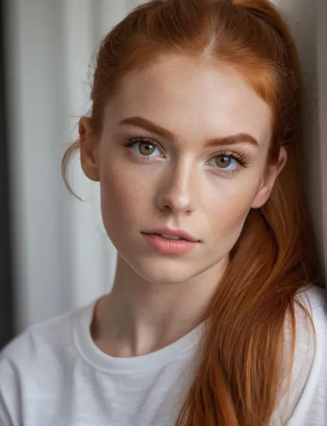 photo,8k,sharp focus,beautiful woman,close up,t-shirt,(detailed eyes:0.8),(looking at the camera:1.4),(highest quality),(best eyeshadow),brown eyes,rim lighting,two tone lighting,dimly lit,low key,intricate details,interior,ponytails,ginger hair:1.3,open mouth:0.7,freckles, photo, (realistic:1.3), 8k,