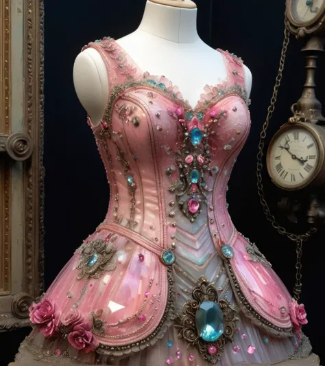 there is a dress made of pink and blue material with a clock in the background