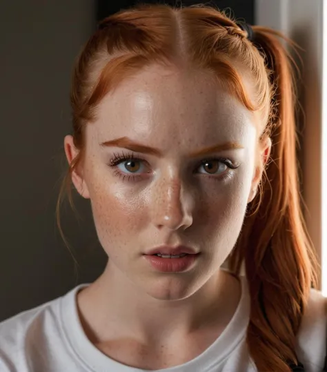 photo,8k,sharp focus,beautiful woman,close up,t-shirt,(detailed eyes:0.8),(looking at the camera:1.4),(highest quality),(best eyeshadow),brown eyes,rim lighting,two tone lighting,dimly lit,low key,intricate details,interior,ponytails,ginger hair:1.3,open mouth:0.7,freckles, photo, (realistic:1.3), 8k,