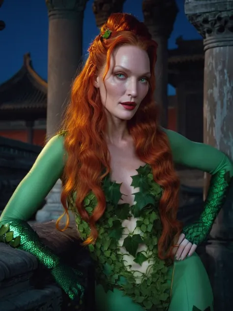 uma thurman, Ultra realistic extremely beautifully detailed 8k picture of 1 gorgeously cute and cool woman uma poison ivy exploring a forbidden city at night, extremely detailed eyes mouth and facial features, gorgeous breathtaking composition and epic cinematic lighting