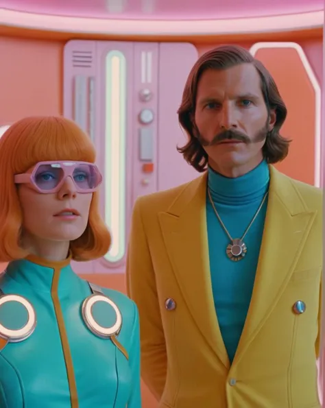 4k image from a 1970s science fiction film, imagem real, Estilo Wes Anderson, pastels colors, a man between two women wearing retro-futuristic fashion clothes and futuristic technological ornaments and devices, Luz Natural, cinemactic, Psicodelia, futurista estranho, retro-futurista,