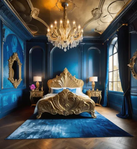 a close up of a bed in a room with blue walls