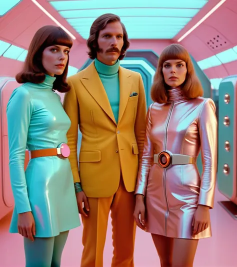 a man and two women in shiny outfits stand in a hallway