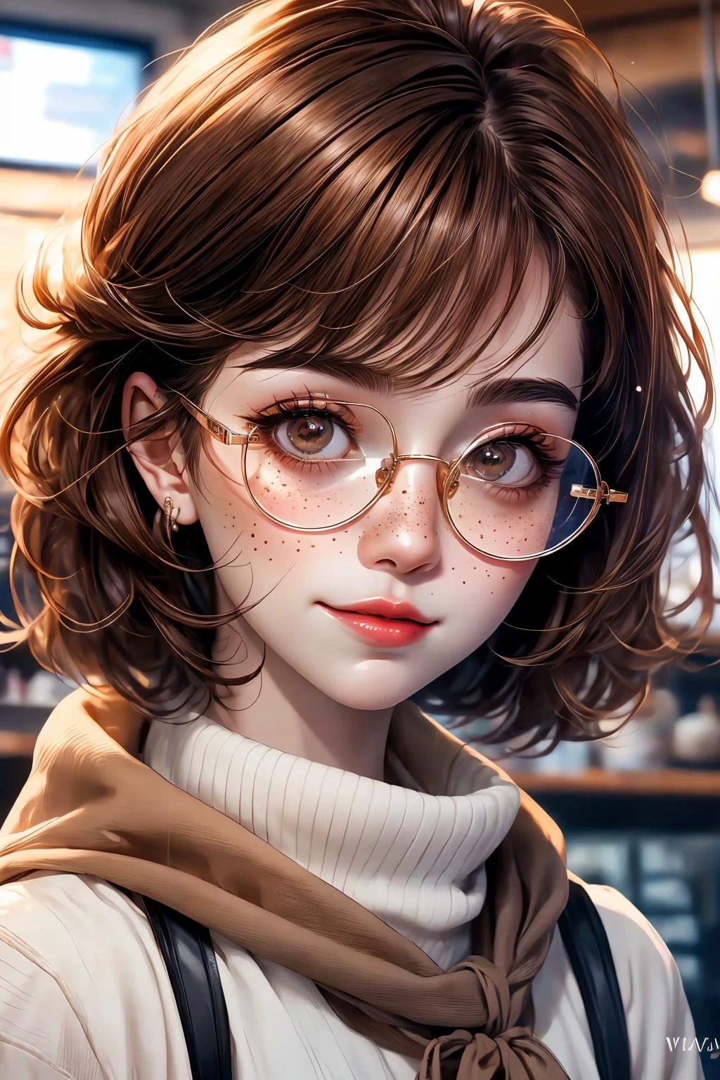 closeup, face, portrait, upper body, 
freckles, 
shy, blush, 
(short brown hair:1.1), 
(coffee shop:1.1), 
(round glasses:1.2), 
(brown eyes:1.4), 
cozy, detailed eyes, winter sweater, 
animevibes, 
3DMM 
midjourney  
fashi-girl, red lips, makeup, realistic, shiny, shiny hair, shiny skin, shiny clothes