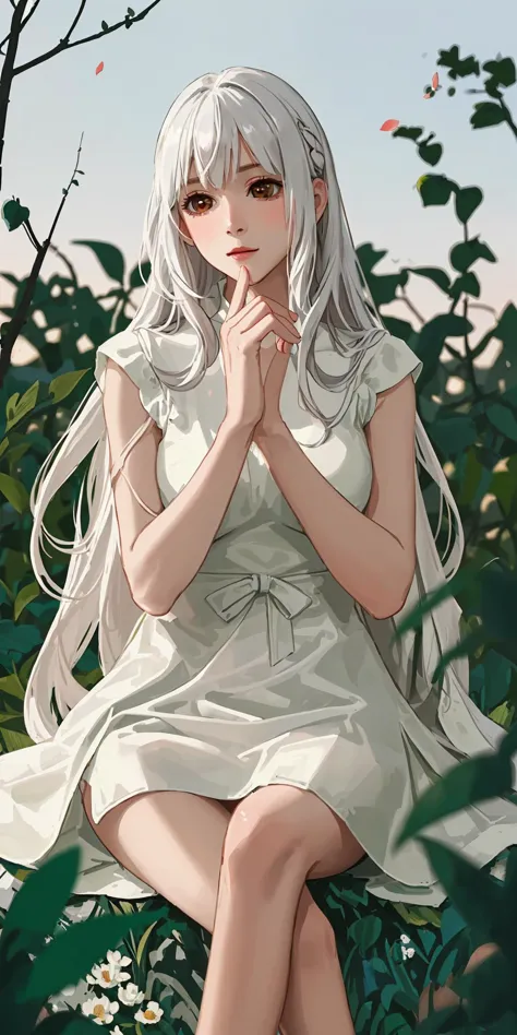 (masterpiece, best quality),1girl with long white hair sitting in a field of green plants and flowers, her hand under her chin, ...