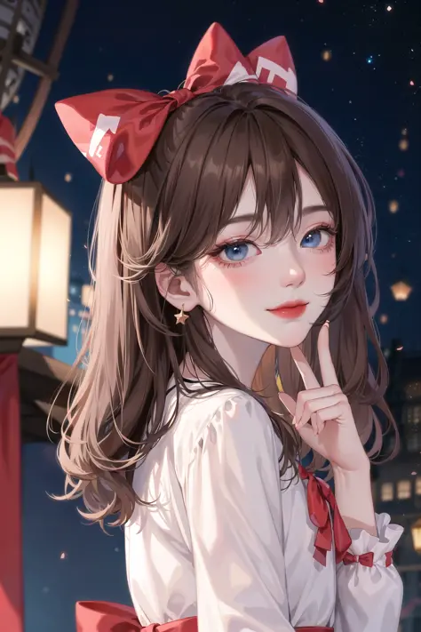 (extremely delicate and beautiful:1.2),1girl,fashi-girl, bangs, blue eyes, blurry, blurry background, bow, brown hair, closed mouth, from side, hair between eyes, hair bow, lantern, light particles, long sleeves, looking at viewer, medium hair, night, red ...
