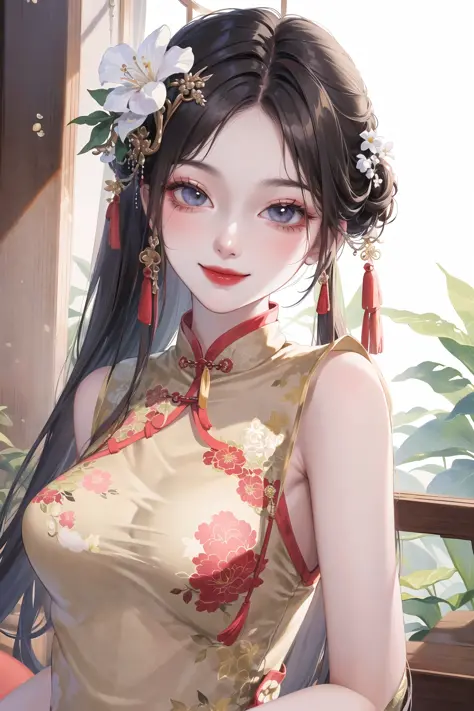 1girl,upper body,fashi-girl,china dress,chinese clothes,hair flower,(masterpiece:1.4),(best quality:1.4),(shiny skin),red lips,looking at viewer,smile