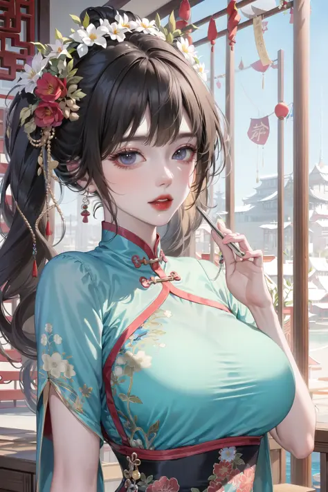 1girl,upper body,fashi-girl,china dress,chinese clothes,hair flower,(masterpiece:1.4),(best quality:1.4),(shiny skin),red lips,looking at viewer,large breasts,parted lips