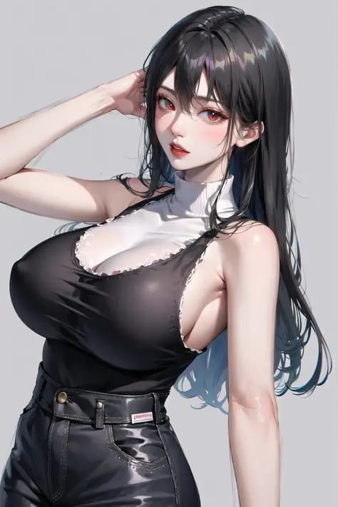 1girl, bangs, bare shoulders, black pants, breasts, breasts squeezed together, grey background, hair between eyes, huge breasts, long hair, looking at viewer, pants, parted lips, red eyes, shirt, simple background, sleeveless, sleeveless shirt, solo, turtl...