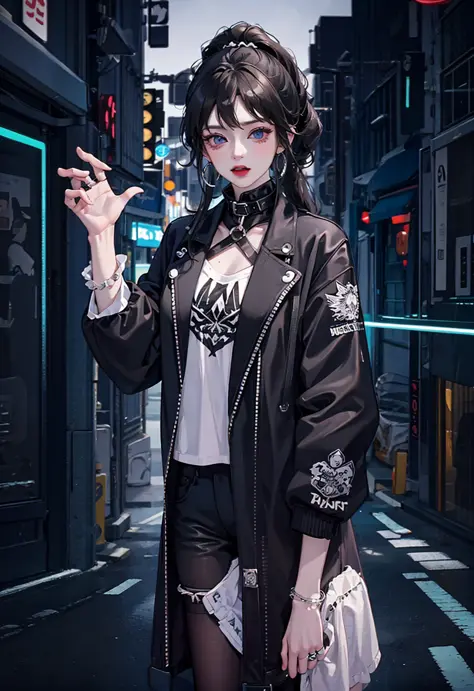 hugefilesizebestquality,highlydetailed,masterpiece,ultra-detailed,extremelydetailedCGunity8kwallpaper,Solo, upper body only, one girl,fashi-girl, long hair, ponytail, black hair, black suspender, gray coat, black collar, metal jewelry, ring earrings, blue ...