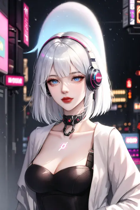 1girl, bangs, white hair, blue eyes, fashi-girl,bob cut,short hair, cleavage, collarbone, open jacket,mecha,cyberpunk,neon lights,large breasts,mature female,shiny skin,rain,water drop,badass,alluring,mecha musume,ghost in the shell,red lips,looking to the...