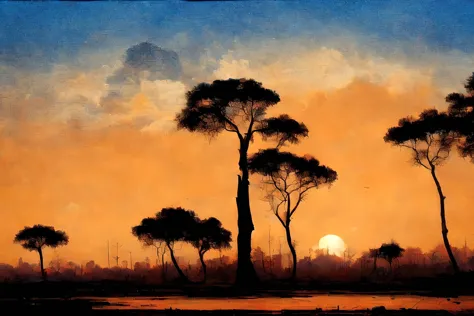 ((best quality)), ((masterpiece)), (detailed) painting of an acacia in front of a sunset, acrylic paint, space art, black silhou...