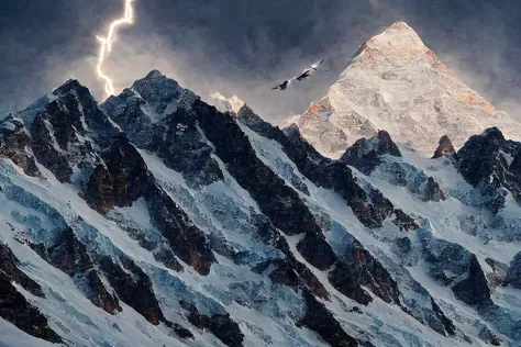 there is a bird flying over a mountain with a lightning bolt