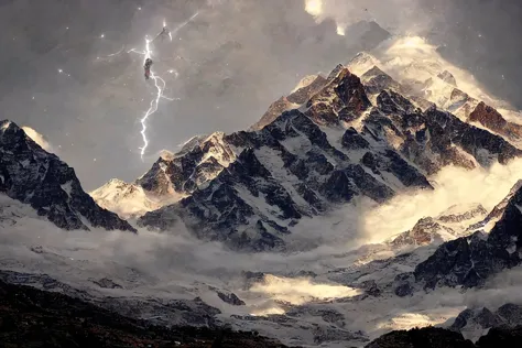 a close up of a mountain with a lightning bolt in the sky