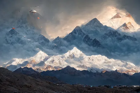 mountains with a helicopter flying over them in the sky