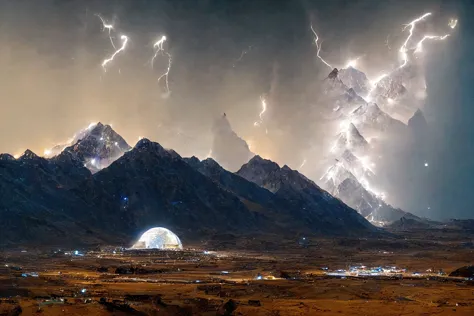 a close up of a mountain with lightning in the sky