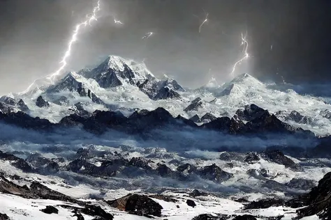 a close up of a mountain with a lightning bolt in the sky