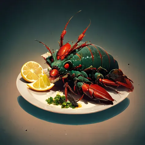 a lobster dinner, lemon slice, glass of blue liquid, food art, fantasy art, (no humans:1.9), <lora:MadeJourney:1.0>