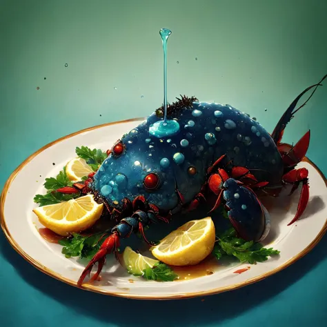 there is a blue crab with lemon slices on a plate