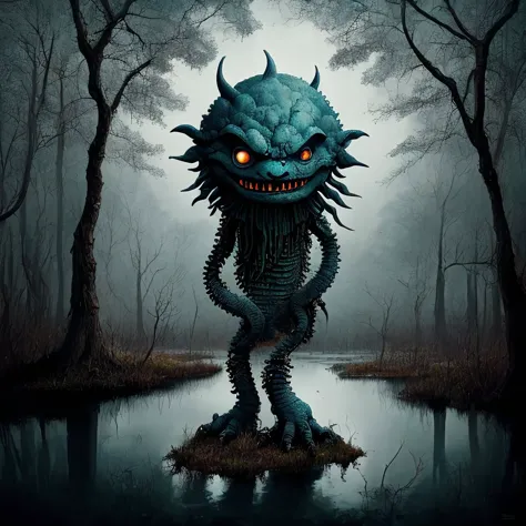 a close up of a monster with a creepy face standing in a swamp