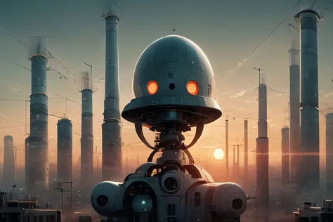 there is a robot that is standing in front of a factory