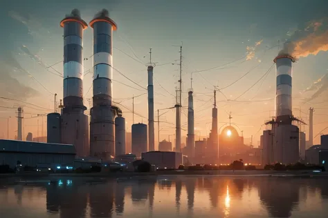 arafed factory with smoke stacks and power lines at sunset