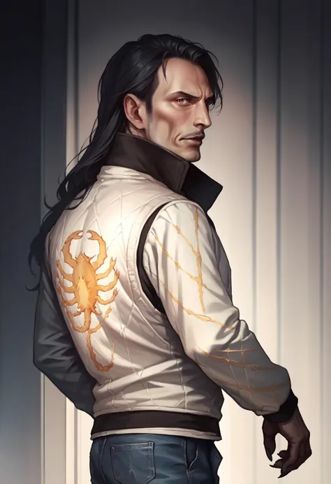 a close up of a man in a jacket with a scorpion on his back