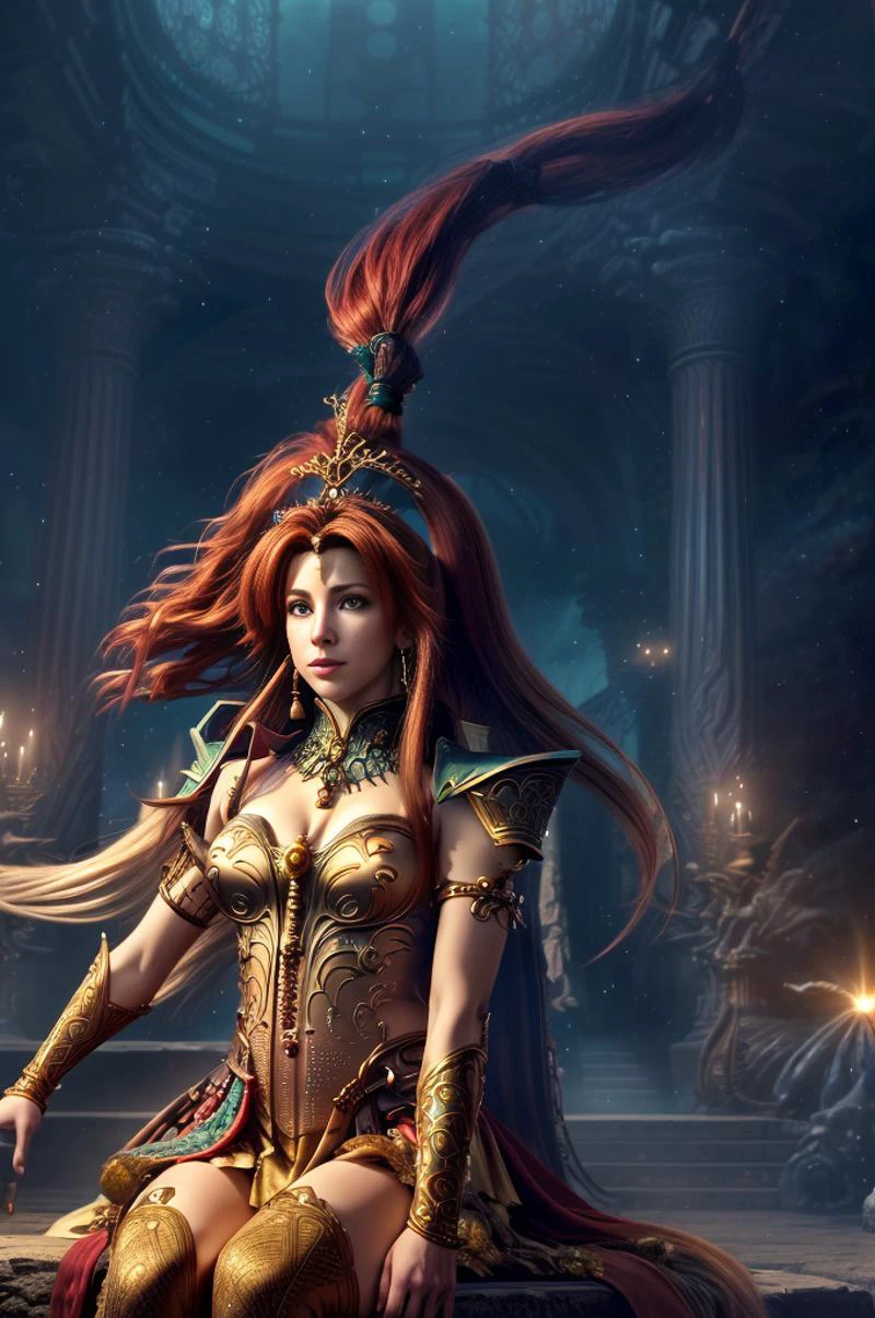 realistic analog photo, award winning photo, 
1girl, picture of teela2k2, smiling, happy, long hair, high ponytail, red hair, green eyes,  jewelry, earrings, armlet, 
 pregnant, navel, 
edgshiva, dress with crown, long outfit, 
throneroom, sitting on throne, chandelier, stage, dark, ,
high-quality, crisp, sharp, professional-grade, high-resolution, fine detail, accurate colors, low noise, fast shutter speed, wide dynamic range, precise focus, RAW, highres, 8k, uhd, High Dynamic Range, tonemapping, crisp details,