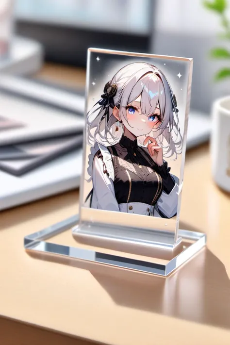 anime character on a glass plaque on a desk with a laptop