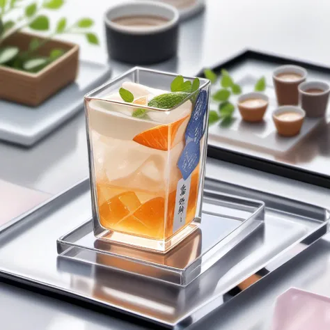 there is a glass of drink on a tray with a tray of cups