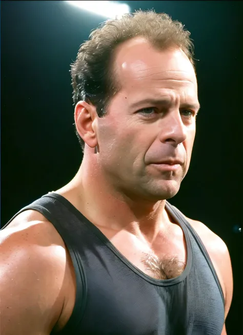 a close up of a man with a black tank top on