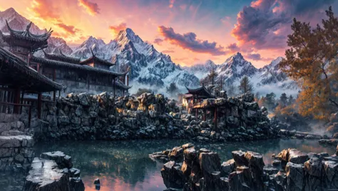 a close up of a mountain with a river and a building