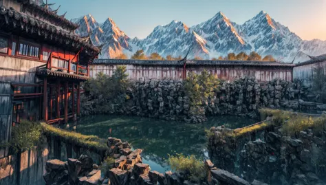 there is a small pond in the middle of a mountain area