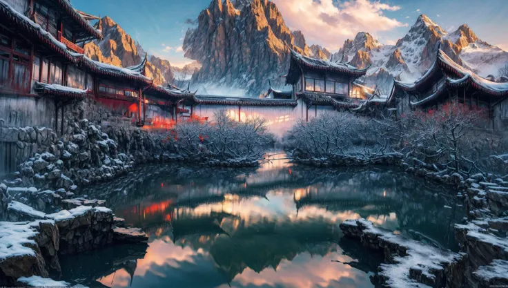 ((masterpiece:1.4,best quality)), cloud,  outdoors
(mountains), spring glade, scenery, sky, winter,
(early morning:1.4),morning red, high detail, abundant, 8k, high detail, wallpaper,
<lora:more_details:1.5>, <lora:suzhouyuanlin:1>