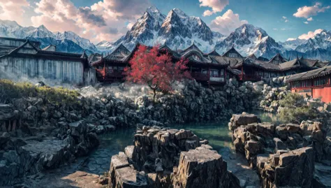 mountains in the background with a small pond and a red tree