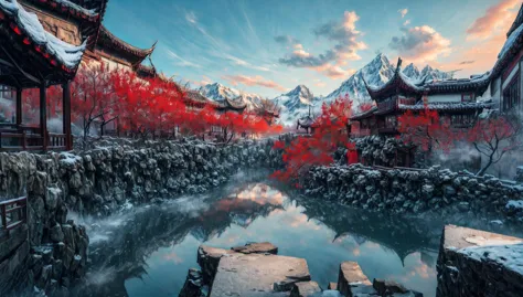 ((masterpiece:1.4,best quality)), cloud,  outdoors
(mountains), spring glade, scenery, sky, winter,
(early morning:1.4),morning red, high detail, abundant, 8k, high detail, wallpaper,
<lora:more_details:1.5>, <lora:suzhouyuanlin:1>