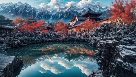 a close up of a pond with a mountain in the background