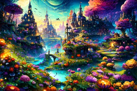 masterpiece,(best quality:1.3),
<lora:FantasyWorldV1:1>,fantasy_world,dense plants,colorful flowers,Beautiful lake,Night,Halloween,Crow,