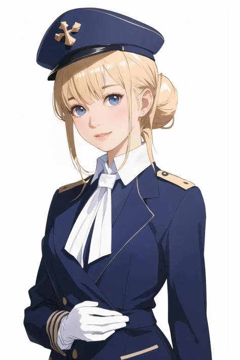 stewardess woman,2,(white background:1.3),(upper body:1.2),subsurface scattering,smiling,hair bun,blonde hair,bangs,stewardess,dark blue uniform,garrison cap,pantyhose,white gloves,(airplane cabin),light smiling,((best detailed slender body)),(european idol, european beauty, european mixed),(wide hip:0.7, large breasts:0.8, perfect slender young girl body),(tall_image:1.3),Perfectly glossy skin,picture of a vivid,(masterpiece:1.2),(extremely detailed),(8k:1.1),(perfect lighting,best quality,highres,original),(realistic photography:1.4),(tall image:1.5),high detailed skin,shaded face,soft lighting,(small face),shiny_and_glossy_skin,RAW,ultra highres,pores visible,(ultra realistic quality,highres,original),(realistic:1.4),(tall image:1.5),high detailed skin,shaded face,soft lighting,(small face),shiny_and_glossy_skin,tone abs,depth of shadow