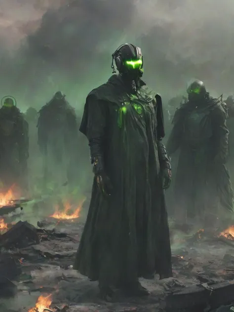 depiction of a gathering of standing (nvidia graphic-cards:1.2) mechanical cyborgs in green and black robe and computer surround...