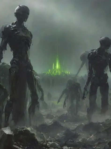 depiction of a gathering of standing (nvidia graphic-cards:1.2) mechanical cyborgs in green and black robe and computer surround...