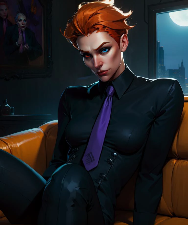 moria,heterochromia,short hair,orange hair,red eye,blue eyes,
black dress shirt,purple tie,black pants,
cozy home,couch,night,lounging,
(insanely detailed, masterpiece, best quality),solo,