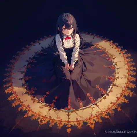 anime girl sitting on a circular carpet with leaves around her