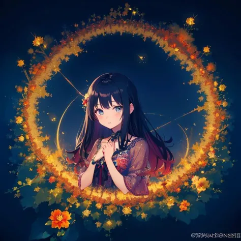 anime girl with flowers and stars in a circle