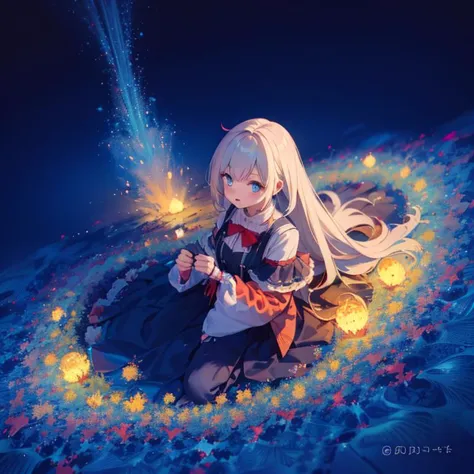 a girl sitting on the ground with a sparkle wand in her hand