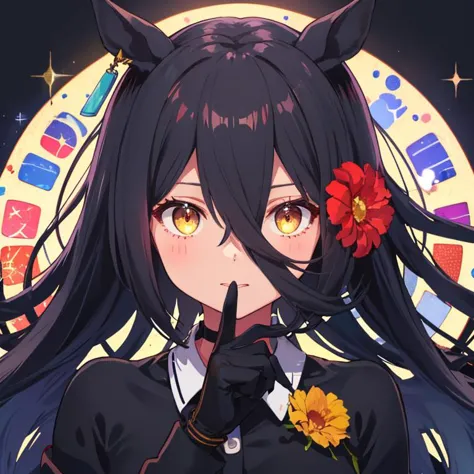 anime girl with long black hair and a flower in her hair