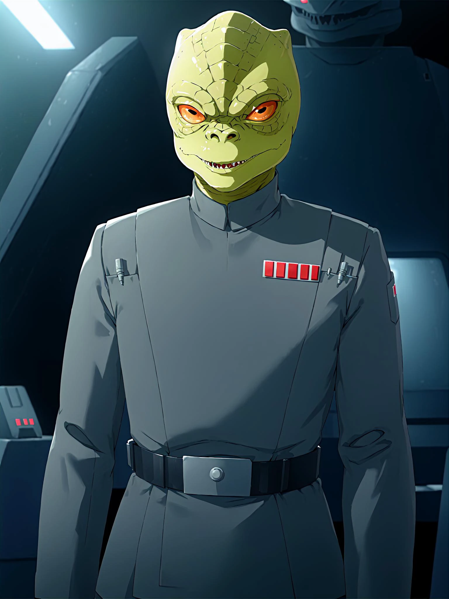 animado,extraterrestre trandoshano como oficial imperial con uniforme gris